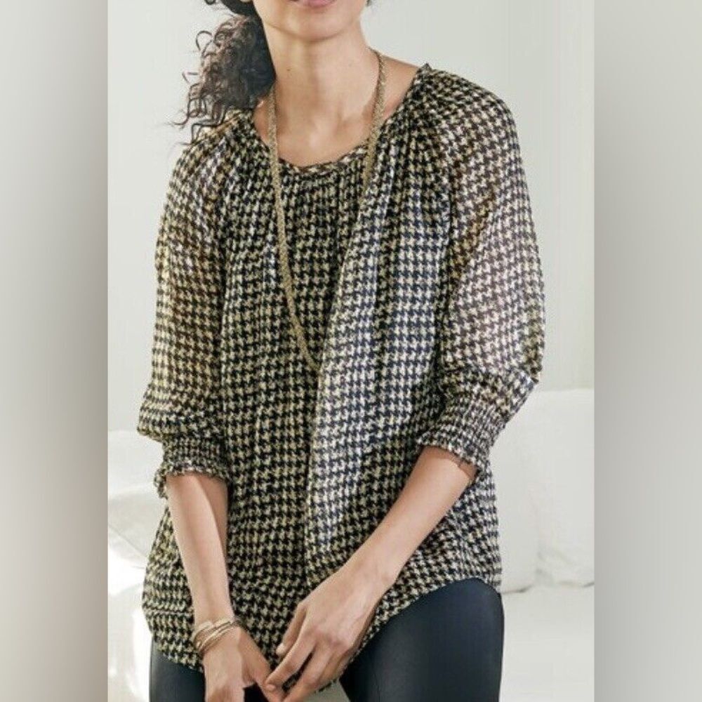 Soft Surroundings Ines Gold Black Metallic 3/4 Sleeve Houndstooth Blouse Sz L
